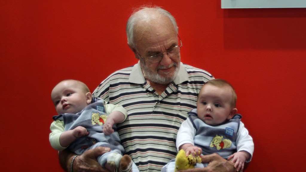 Portrait of James Harrison 72 (centre) with twin boys Seth Murray O+ (left) and Ethan Murray  O-(right) in the Apheresis department at the Australian Red Cross Blood Service. Hundreds of thousands of babies owe their health and in some cases their life to James Harrison as his blood has been used in every dose of anti-D serum since 1967, which is given when the blood types of mothers and babies are incompatible. Red Cross, Sydney, NSW. Today 20th of May, 2009. Photo by KATE GERAGHTY.